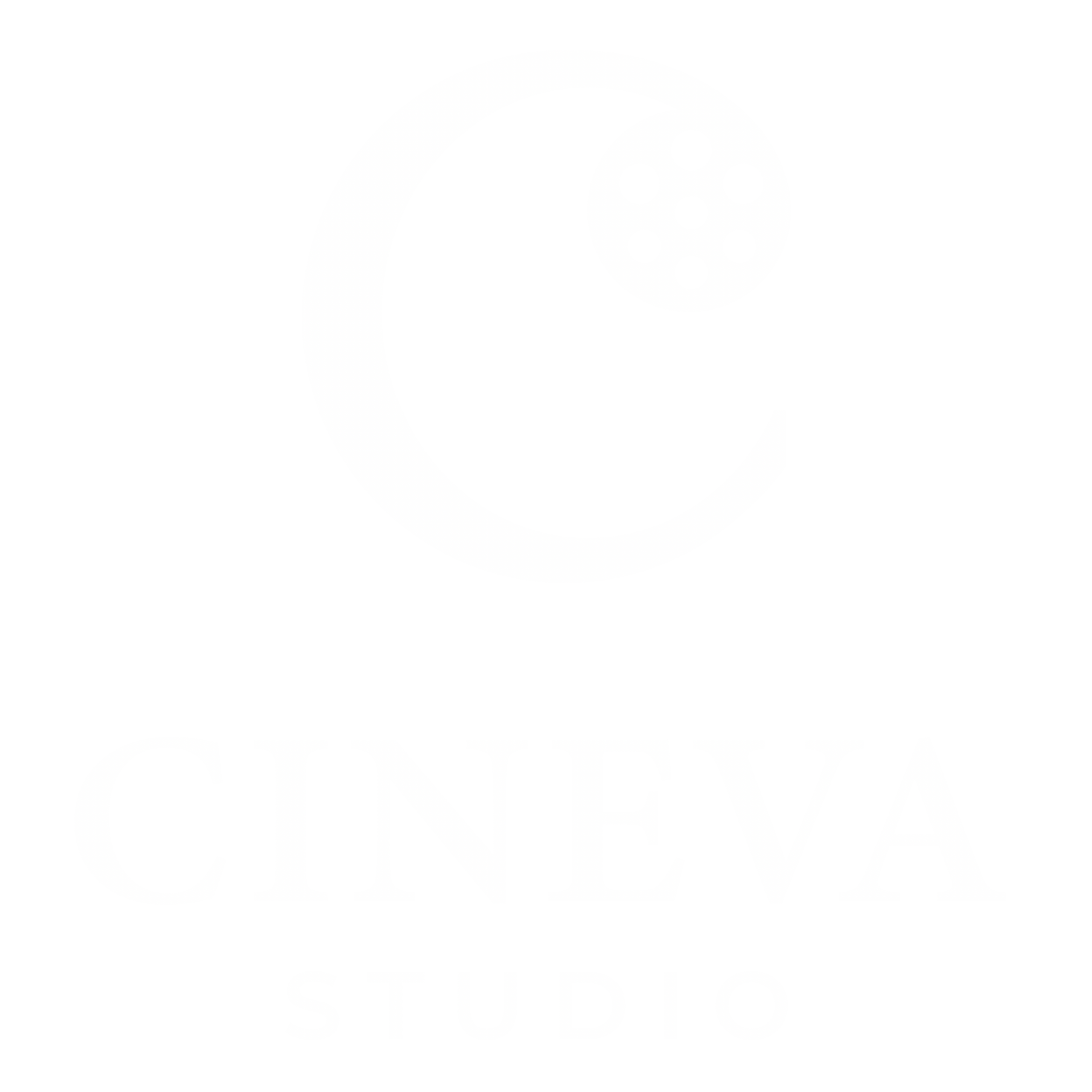 Logo firmy Cineva Studio, wersja monogram w kształcie litery "C" imitującej rolkę taśmy filmowej, z podpisem pod spodem